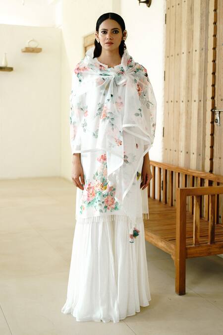 Wabi Sabi By Anshum-Ritesh Ivory Georgette Beads, Tassels Spring Blossom Handpainted Kurta Sharara Set at Aza Fashions Wabi Sabi By Anshum-Ritesh_Ivory Georgette Beads, Tassels Spring Blossom Handpainted Kurta Sharara Set _at_Aza_Fashions