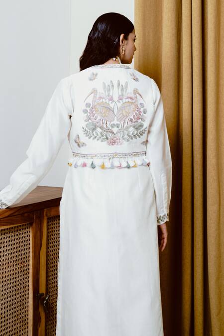 Shop Wabi Sabi By Anshum-Ritesh Ivory Chanderi Tassels, Beads Split Sarus Sea Embroidered Waistcoat Kurta Set at Aza Fashions Shop_Wabi Sabi By Anshum-Ritesh_Ivory Chanderi Tassels, Beads Split Sarus Sea Embroidered Waistcoat Kurta Set _at_Aza_Fashions