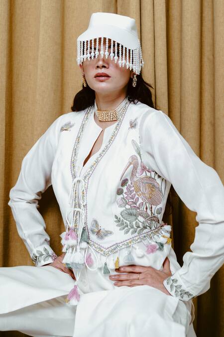Wabi Sabi By Anshum-Ritesh Ivory Chanderi Tassels, Beads Split Sarus Sea Embroidered Waistcoat Kurta Set Online at Aza Fashions Wabi Sabi By Anshum-Ritesh_Ivory Chanderi Tassels, Beads Split Sarus Sea Embroidered Waistcoat Kurta Set _Online_at_Aza_Fashions