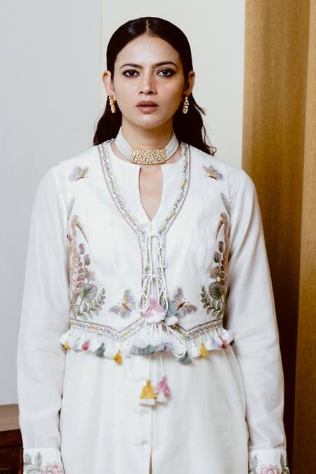 Shop Wabi Sabi By Anshum-Ritesh Ivory Chanderi Tassels, Beads Split Sarus Sea Embroidered Waistcoat Kurta Set Online at Aza Fashions Shop_Wabi Sabi By Anshum-Ritesh_Ivory Chanderi Tassels, Beads Split Sarus Sea Embroidered Waistcoat Kurta Set _Online_at_Aza_Fashions