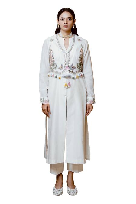 Wabi Sabi By Anshum-Ritesh Ivory Chanderi Tassels, Beads Split Sarus Sea Embroidered Waistcoat Kurta Set at Aza Fashions Wabi Sabi By Anshum-Ritesh_Ivory Chanderi Tassels, Beads Split Sarus Sea Embroidered Waistcoat Kurta Set _at_Aza_Fashions