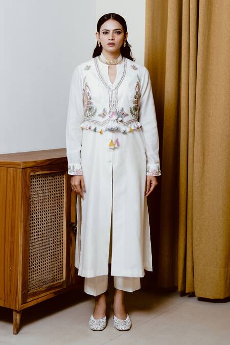 Buy Wabi Sabi By Anshum-Ritesh Ivory Chanderi Tassels, Beads Split Sarus Sea Embroidered Waistcoat Kurta Set Buy_Wabi Sabi By Anshum-Ritesh_Ivory Chanderi Tassels, Beads Split Sarus Sea Embroidered Waistcoat Kurta Set
