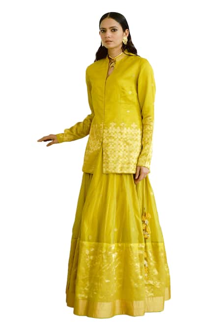 Shop Wabi Sabi By Anshum-Ritesh Green Chanderi Embroidery Mandarin Mosaic Floral Woven Lehenga With Jacket at Aza Fashions Shop_Wabi Sabi By Anshum-Ritesh_Green Chanderi Embroidery Mandarin Mosaic Floral Woven Lehenga With Jacket _at_Aza_Fashions