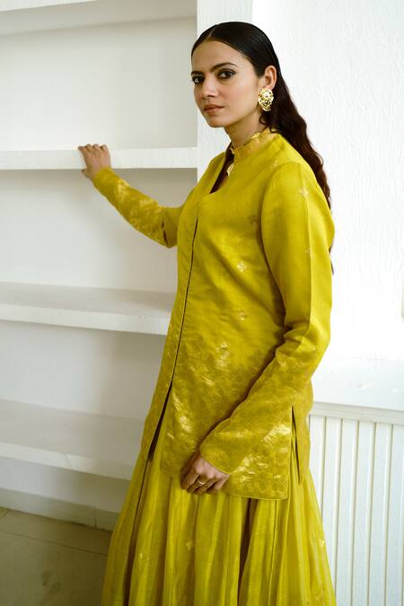 Wabi Sabi By Anshum-Ritesh Green Chanderi Embroidery Mandarin Mosaic Floral Woven Lehenga With Jacket Online at Aza Fashions Wabi Sabi By Anshum-Ritesh_Green Chanderi Embroidery Mandarin Mosaic Floral Woven Lehenga With Jacket _Online_at_Aza_Fashions