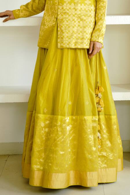 Buy Wabi Sabi By Anshum-Ritesh Green Chanderi Embroidery Mandarin Mosaic Floral Woven Lehenga With Jacket Online at Aza Fashions Buy_Wabi Sabi By Anshum-Ritesh_Green Chanderi Embroidery Mandarin Mosaic Floral Woven Lehenga With Jacket _Online_at_Aza_Fashions