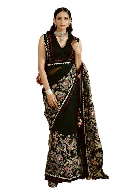 Wabi Sabi By Anshum-Ritesh Black Organza Beads, Embroidery V-neck The Night Garden Aari Saree With Blouse at Aza Fashions Wabi Sabi By Anshum-Ritesh_Black Organza Beads, Embroidery V-neck The Night Garden Aari Saree With Blouse _at_Aza_Fashions