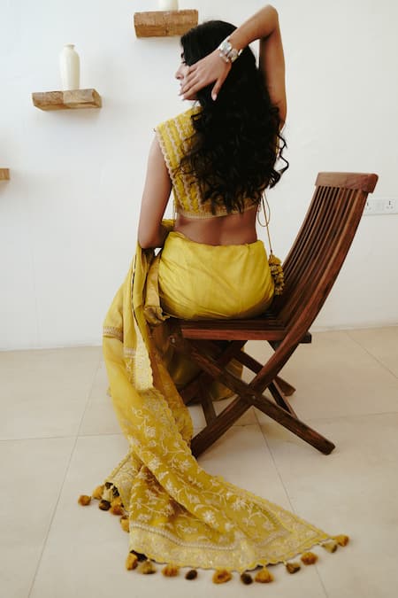 Shop_Wabi Sabi By Anshum-Ritesh_Yellow Tissue Sequins, Diamonds V-neck Bloom Dori Embroidered Saree With Blouse _at_Aza_Fashions