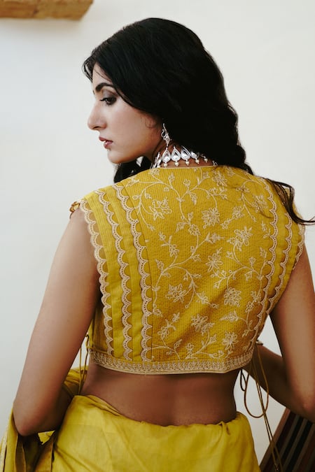 Buy_Wabi Sabi By Anshum-Ritesh_Yellow Tissue Sequins, Diamonds V-neck Bloom Dori Embroidered Saree With Blouse _Online_at_Aza_Fashions