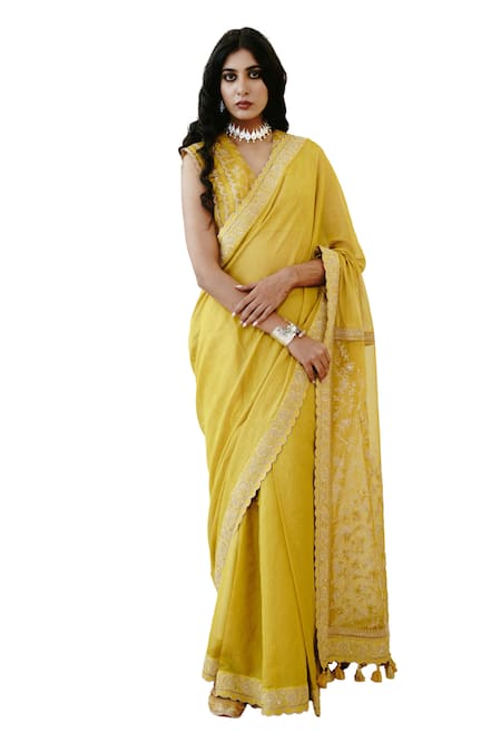 Shop_Wabi Sabi By Anshum-Ritesh_Yellow Tissue Sequins, Diamonds V-neck Bloom Dori Embroidered Saree With Blouse _Online_at_Aza_Fashions