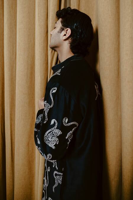 Shop Wabi Sabi By Anshum-Ritesh Black Chanderi Embroidery Troop Kurta Set Online at Aza Fashions Shop_Wabi Sabi By Anshum-Ritesh_Black Chanderi Embroidery Troop Kurta Set _Online_at_Aza_Fashions