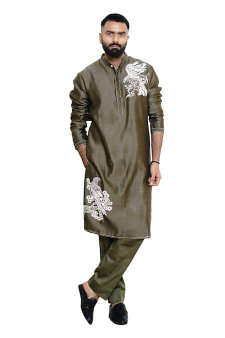 Shop Wabi Sabi By Anshum-Ritesh Green Chanderi Embroidery Eagle Flight Placement Kurta Set Online at Aza Fashions Shop_Wabi Sabi By Anshum-Ritesh_Green Chanderi Embroidery Eagle Flight Placement Kurta Set _Online_at_Aza_Fashions