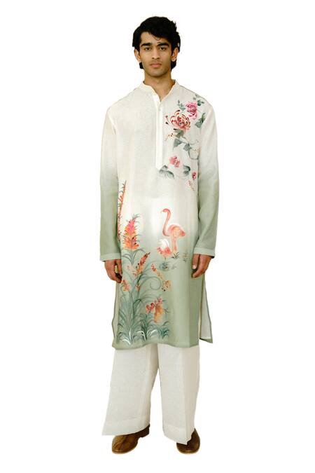 Wabi Sabi By Anshum-Ritesh_Ivory Chanderi Flamingo Amigo Hand Painted Kurta Set _Online_at_Aza_Fashions