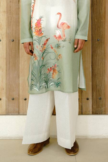 Shop_Wabi Sabi By Anshum-Ritesh_Ivory Chanderi Flamingo Amigo Hand Painted Kurta Set _Online_at_Aza_Fashions