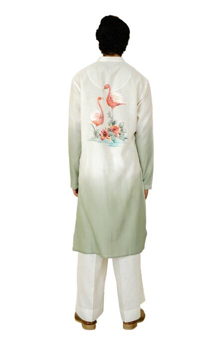 Wabi Sabi By Anshum-Ritesh_Ivory Chanderi Flamingo Amigo Hand Painted Kurta Set _at_Aza_Fashions