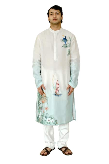 Wabi Sabi By Anshum-Ritesh_Ivory Chanderi, Cotton Lighthouse Hand Painted Kurta Set _Online_at_Aza_Fashions
