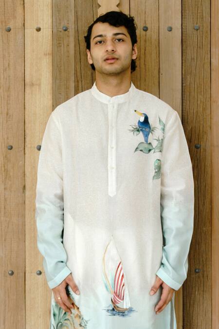 Buy_Wabi Sabi By Anshum-Ritesh_Ivory Chanderi, Cotton Lighthouse Hand Painted Kurta Set _Online_at_Aza_Fashions