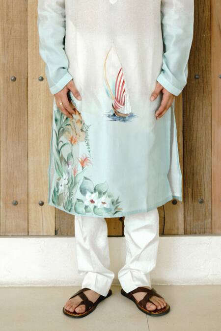 Shop_Wabi Sabi By Anshum-Ritesh_Ivory Chanderi, Cotton Lighthouse Hand Painted Kurta Set _Online_at_Aza_Fashions