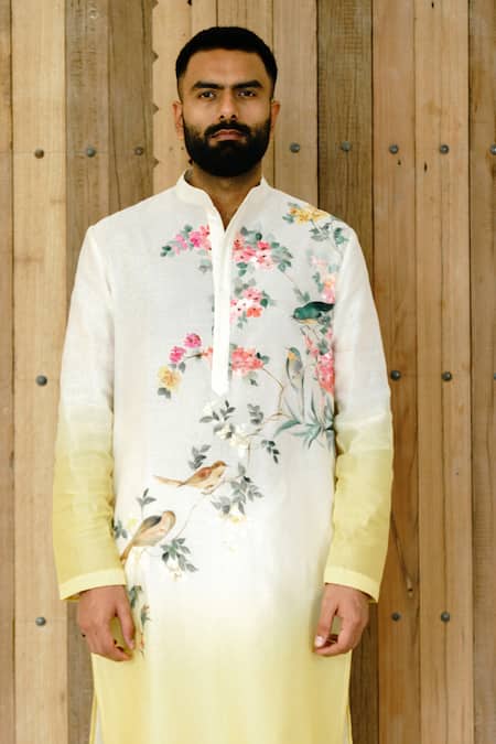 Wabi Sabi By Anshum-Ritesh Ivory Chanderi Spring Sparrow Hand Painted Kurta Set Online at Aza Fashions Wabi Sabi By Anshum-Ritesh_Ivory Chanderi Spring Sparrow Hand Painted Kurta Set _Online_at_Aza_Fashions