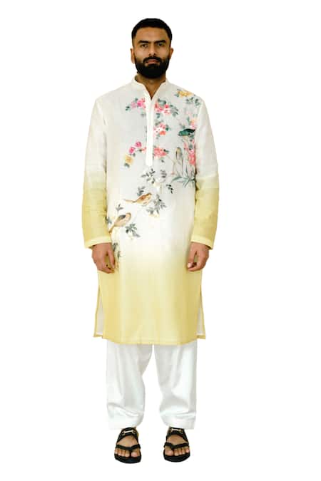 Shop Wabi Sabi By Anshum-Ritesh Ivory Chanderi Spring Sparrow Hand Painted Kurta Set Online at Aza Fashions Shop_Wabi Sabi By Anshum-Ritesh_Ivory Chanderi Spring Sparrow Hand Painted Kurta Set _Online_at_Aza_Fashions