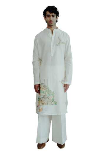 Shop_Wabi Sabi By Anshum-Ritesh_Ivory Chanderi Ticket To Turkey Hand Painted Kurta Set _Online_at_Aza_Fashions