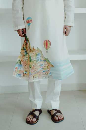 Buy_Wabi Sabi By Anshum-Ritesh_Ivory Chanderi Up In The Air Hand Painted Kurta Set _Online_at_Aza_Fashions