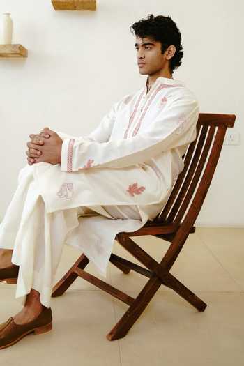 Wabi Sabi By Anshum-Ritesh_Ivory Chanderi Embroidery Seashells Hand Painted Kurta Set _Online_at_Aza_Fashions