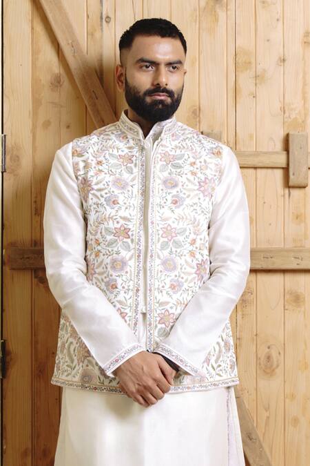Buy_Wabi Sabi By Anshum-Ritesh_Ivory Chanderi Embroidery Floral Odyssey Bundi And Kurta Set _Online_at_Aza_Fashions