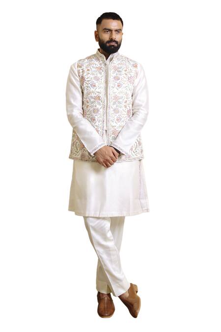 Wabi Sabi By Anshum-Ritesh_Ivory Chanderi Embroidery Floral Odyssey Bundi And Kurta Set _at_Aza_Fashions