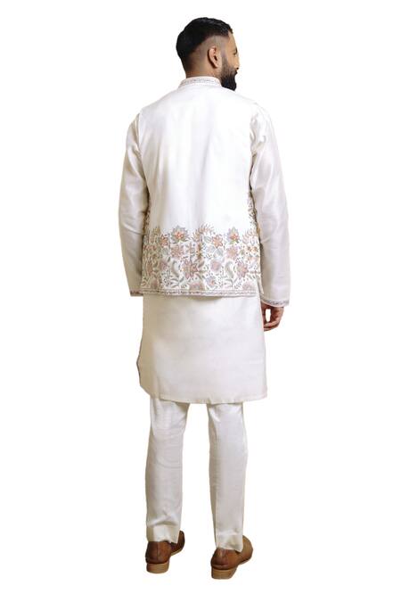 Buy_Wabi Sabi By Anshum-Ritesh_Ivory Chanderi Embroidery Floral Odyssey Bundi And Kurta Set 