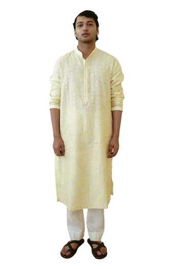 Shop_Wabi Sabi By Anshum-Ritesh_Yellow Chanderi Embroidery Persian Paisley Kurta Set _Online_at_Aza_Fashions