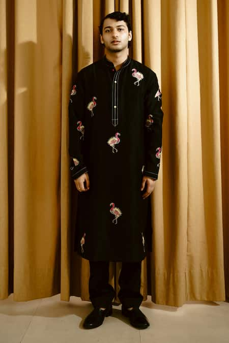 WABI SABI BY ANSHUM-RITESH Black Chanderi Embroidery Aari Flamingo Pond Kurta Set 