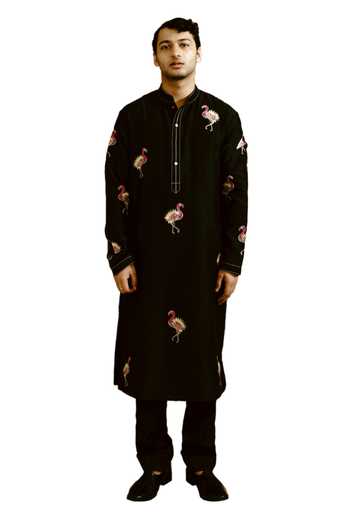 Shop_Wabi Sabi By Anshum-Ritesh_Black Chanderi Embroidery Flamingo Pond Kurta Set _Online_at_Aza_Fashions