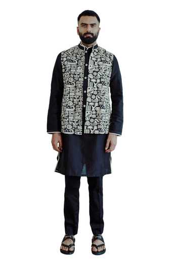 Shop_Wabi Sabi By Anshum-Ritesh_Black Chanderi Embroidery Resham Bundi And Kurta Set _Online_at_Aza_Fashions