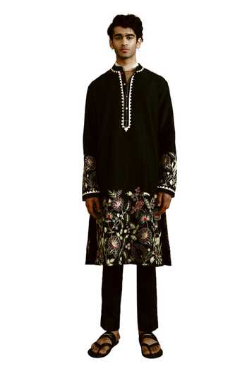 Shop_Wabi Sabi By Anshum-Ritesh_Black Chanderi Embroidery The Night Garden Kurta Set _Online_at_Aza_Fashions