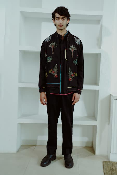 WABI SABI BY ANSHUM-RITESH Black Cotton Silk Embroidery Resham Animal Kingdom Bomber Jacket Set 