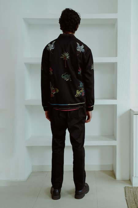 Shop Wabi Sabi By Anshum-Ritesh Black Cotton, Silk Embroidery Animal Kingdom Bomber Jacket Set at Aza Fashions Shop_Wabi Sabi By Anshum-Ritesh_Black Cotton, Silk Embroidery Animal Kingdom Bomber Jacket Set _at_Aza_Fashions
