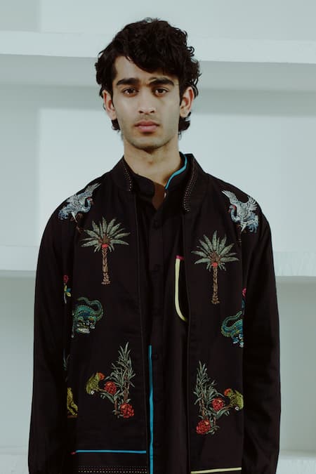 Wabi Sabi By Anshum-Ritesh Black Cotton, Silk Embroidery Animal Kingdom Bomber Jacket Set Online at Aza Fashions Wabi Sabi By Anshum-Ritesh_Black Cotton, Silk Embroidery Animal Kingdom Bomber Jacket Set _Online_at_Aza_Fashions