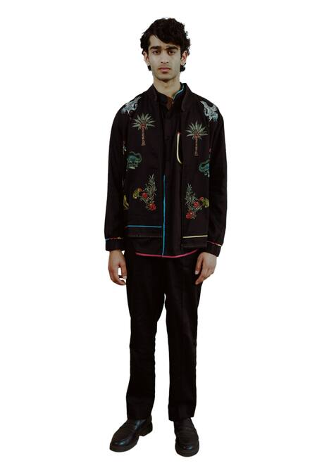 Shop Wabi Sabi By Anshum-Ritesh Black Cotton, Silk Embroidery Animal Kingdom Bomber Jacket Set Online at Aza Fashions Shop_Wabi Sabi By Anshum-Ritesh_Black Cotton, Silk Embroidery Animal Kingdom Bomber Jacket Set _Online_at_Aza_Fashions