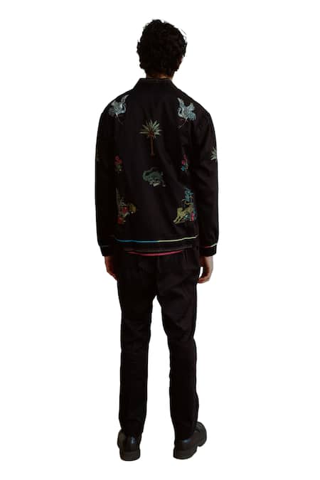 Wabi Sabi By Anshum-Ritesh Black Cotton, Silk Embroidery Animal Kingdom Bomber Jacket Set at Aza Fashions Wabi Sabi By Anshum-Ritesh_Black Cotton, Silk Embroidery Animal Kingdom Bomber Jacket Set _at_Aza_Fashions