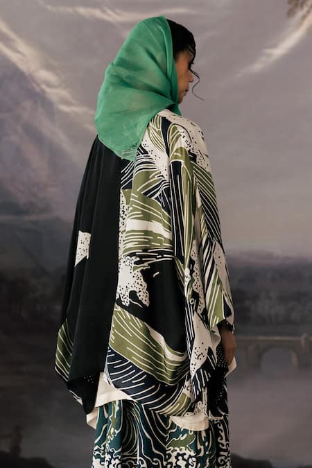 Shop_Yavi_Black Silk Printed Hakussai V Neck Engineered Jacket  _at_Aza_Fashions
