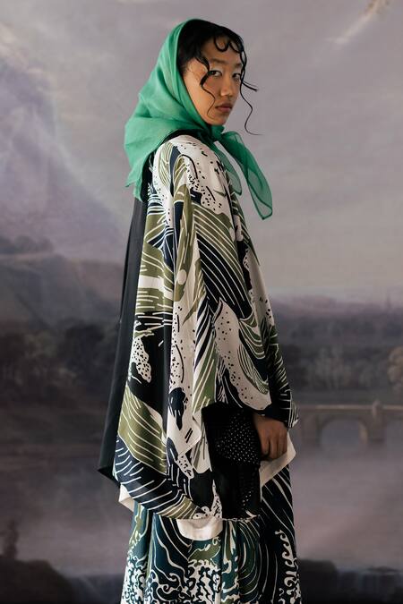 Shop_Yavi_Black Silk Printed Hakussai V Neck Engineered Jacket  _Online_at_Aza_Fashions