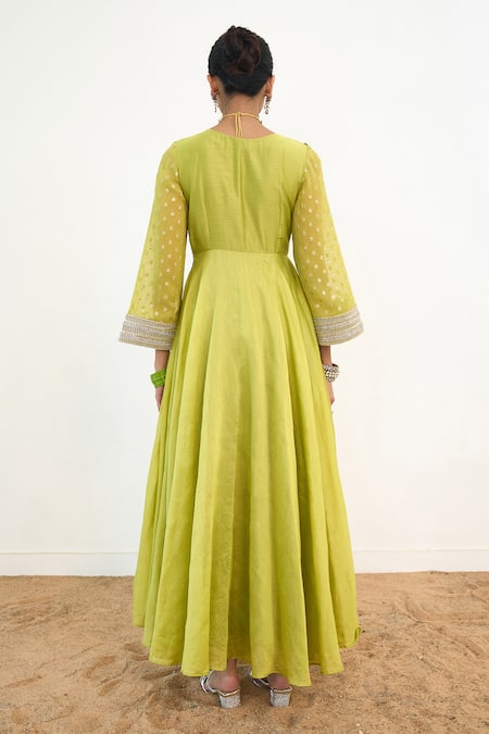 Shop_Rishi and Vibhuti_Green Georgette, Chanderi Silk Asteria Embroidered Anarkali With Dupatta _at_Aza_Fashions