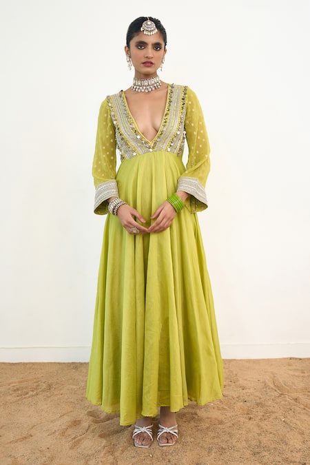 Buy_Rishi and Vibhuti_Green Georgette, Chanderi Silk Asteria Embroidered Anarkali With Dupatta _Online_at_Aza_Fashions