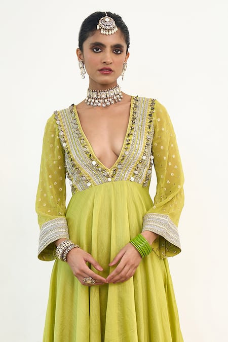 Shop_Rishi and Vibhuti_Green Georgette, Chanderi Silk Asteria Embroidered Anarkali With Dupatta _Online_at_Aza_Fashions