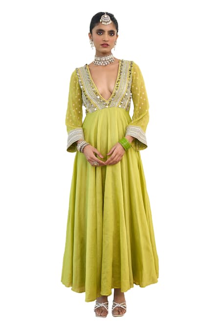 Rishi and Vibhuti_Green Georgette, Chanderi Silk Asteria Embroidered Anarkali With Dupatta _at_Aza_Fashions