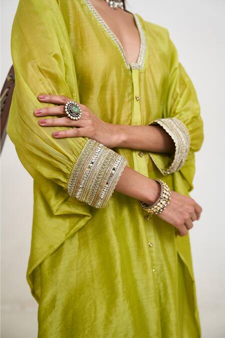 Rishi and Vibhuti_Green Chanderi Silk Lace, Cut Work V-neck Kael Embroidered Kaftan Pant Set _Online_at_Aza_Fashions