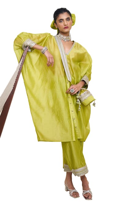 Shop_Rishi and Vibhuti_Green Chanderi Silk Lace, Cut Work V-neck Kael Embroidered Kaftan Pant Set _Online_at_Aza_Fashions