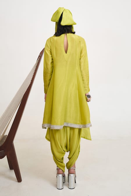 Shop_Rishi and Vibhuti_Green Crepe, Chanderi Silk Lace Round Neck Embroidered Kurta Dhoti Set _at_Aza_Fashions