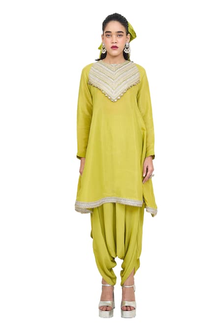 Rishi and Vibhuti_Green Crepe, Chanderi Silk Lace Round Neck Embroidered Kurta Dhoti Set _Online_at_Aza_Fashions