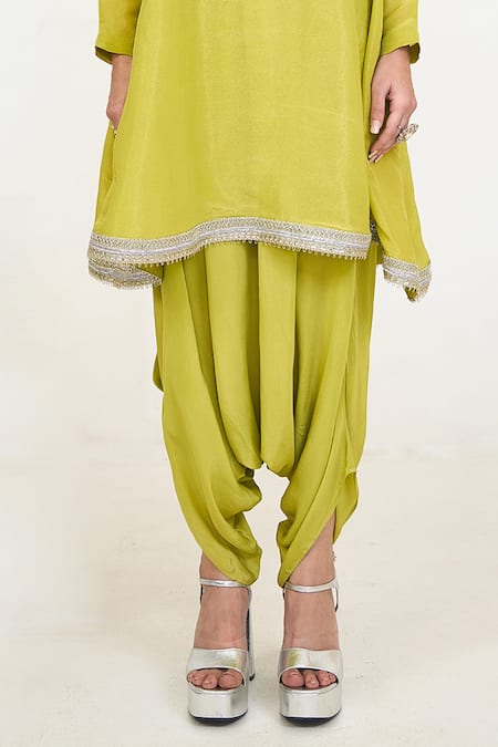 Buy_Rishi and Vibhuti_Green Crepe, Chanderi Silk Lace Round Neck Embroidered Kurta Dhoti Set _Online_at_Aza_Fashions